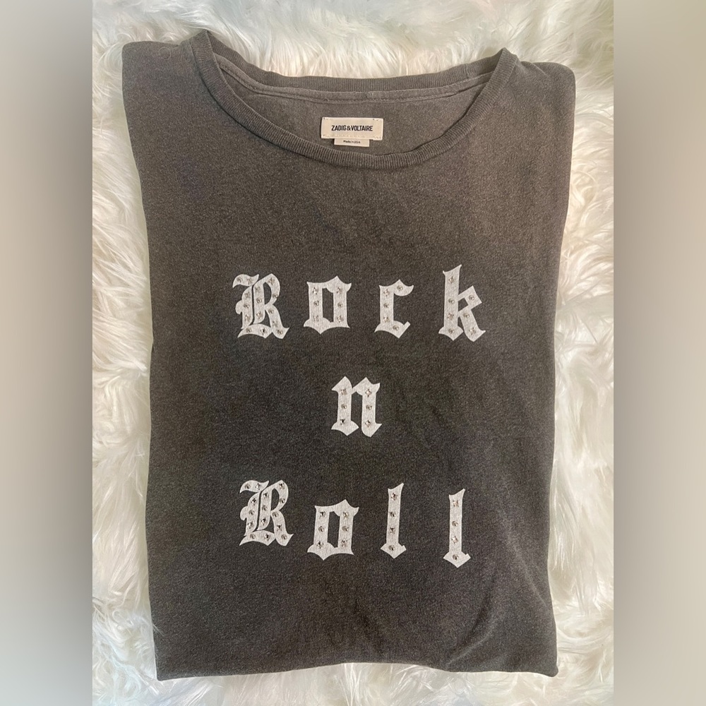 Zadig & Voltaire Women’s Rock and Roll Graphic Distressed Black Crop Tee! Rad!
